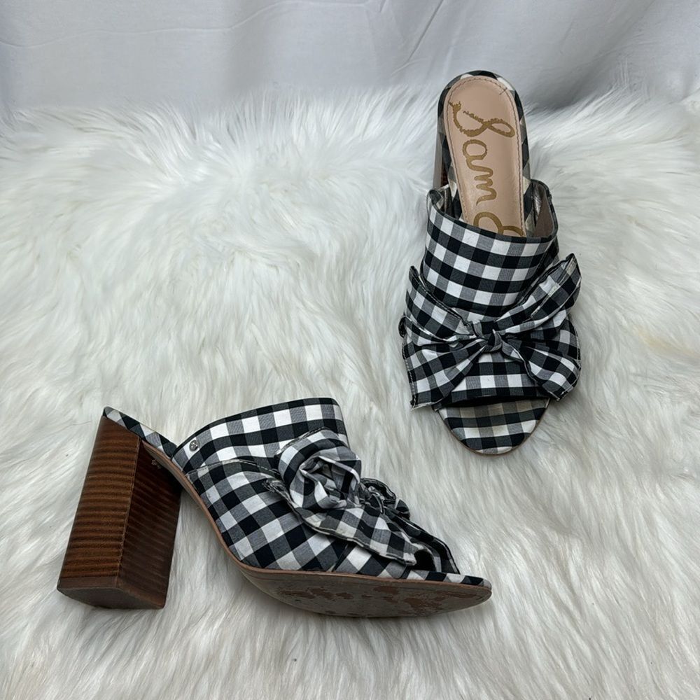 Sam Edelman Yumi‎ Black/White Bow Trim Plaid Mules Sz 9.5